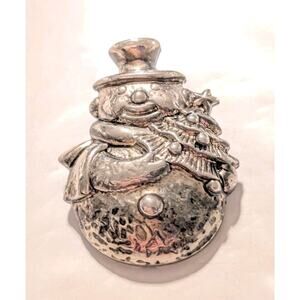 Vintage Christmas Snowman Brooch‎ Pin Pendant Signed Best 2" Silver-tone H1-